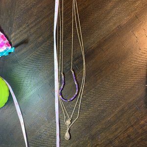Necklace - gold - 3 lengths - two charms/purple beads